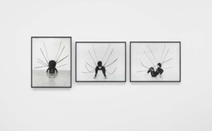 Senga Nengudi, Performance Piece, 1978. Silver gelatin prints, triptych. Overall: 118 3/8 x 41 inches. © Senga Nengudi, 2022. Courtesy of Sprüth Magers and Thomas Erben Gallery, New York. Photo: Harmon Outlaw.
